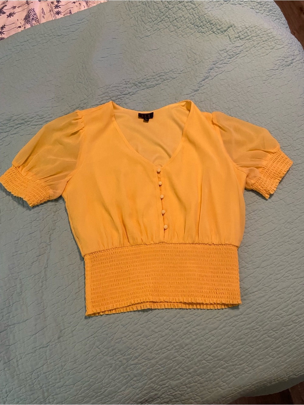 Vibrant yellow V-Neck Smocked-Waist Puff Sleeve Top